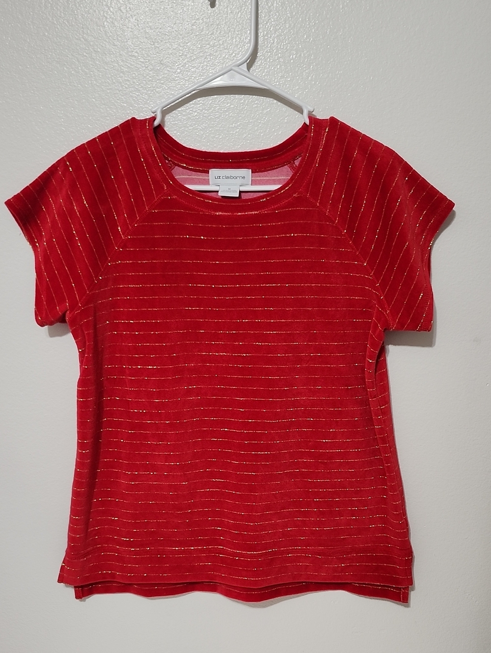 Liz Claiborne Red Short Sleeve Tee with Gold Metallic Stripes